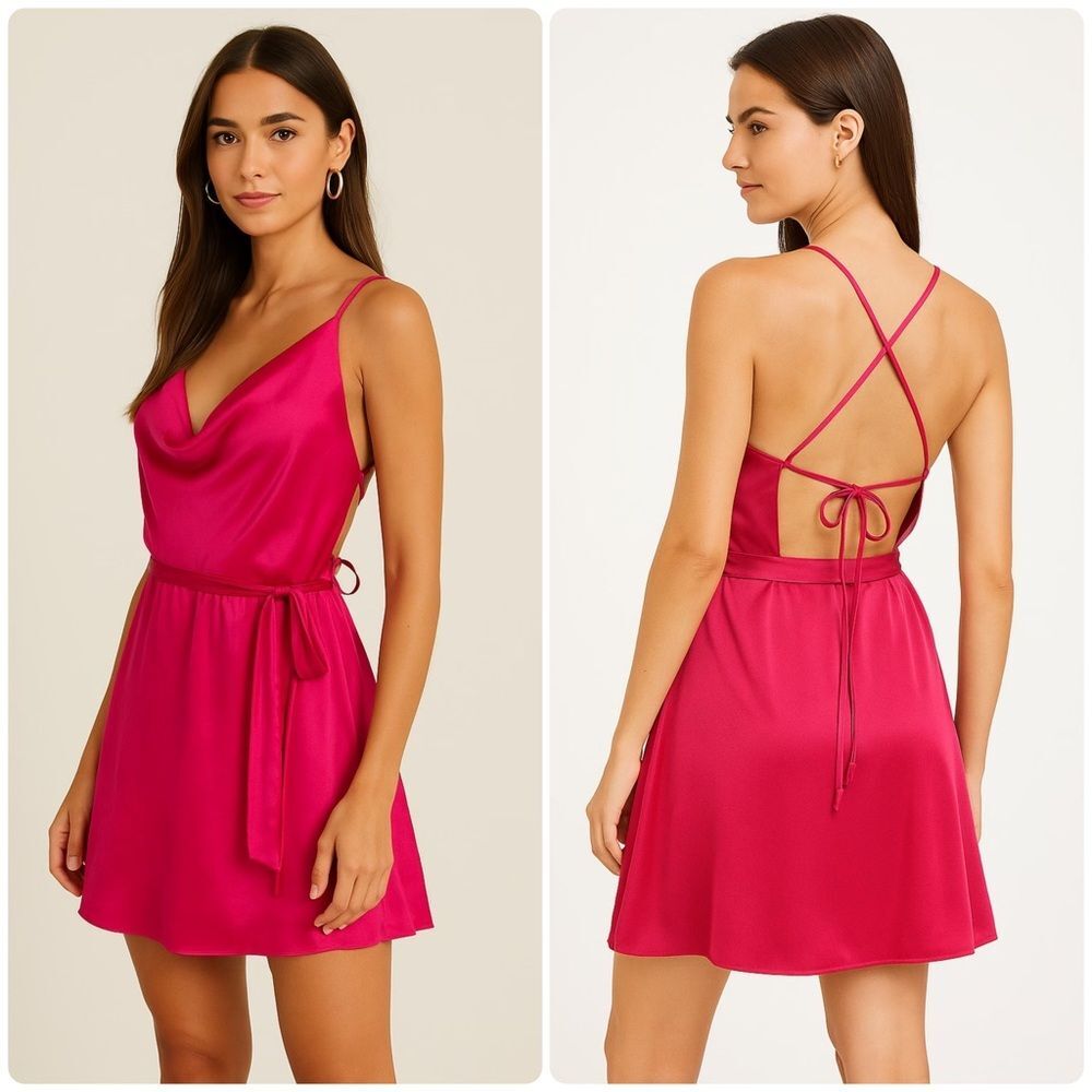 FP Satin Mini Dress Hot Pink Cowl Neck Slip Strappy OpenBack Y2K Party Outfit XL